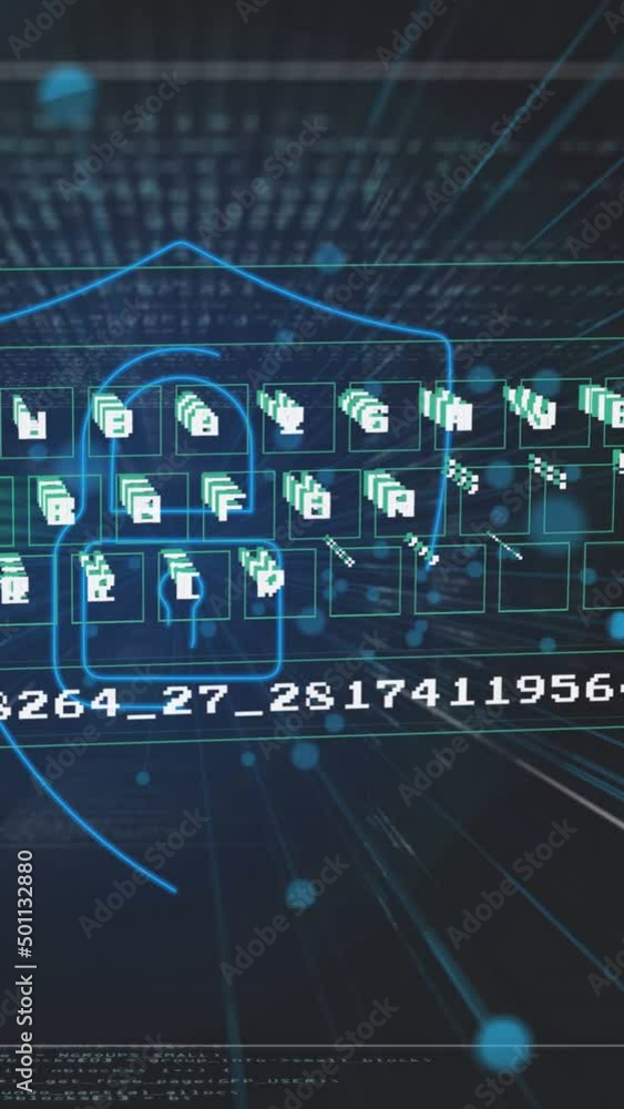 Poster animation of data processing and shield on black background