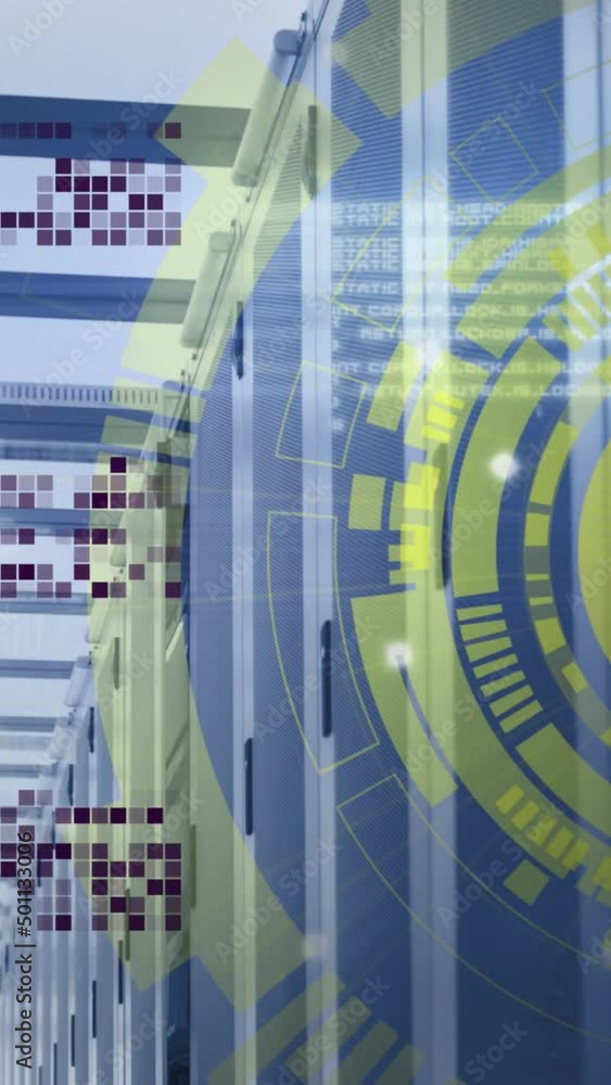 Poster animation of data processing and scope scanning over server room