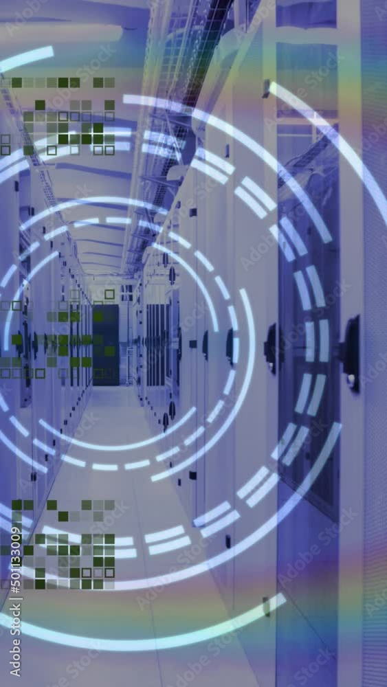 Poster animation of data processing and scope scanning over server room