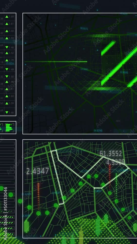 Poster animation of financial data processing on digital screens