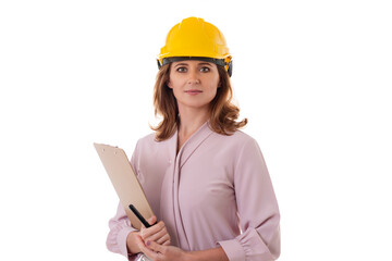 portrait of smiling woman architect in helmet holding clipboard folder, isolated on white background