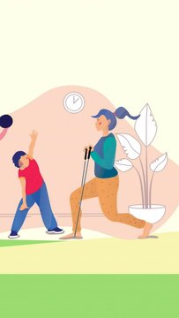 Animation of family exercising at home on green background