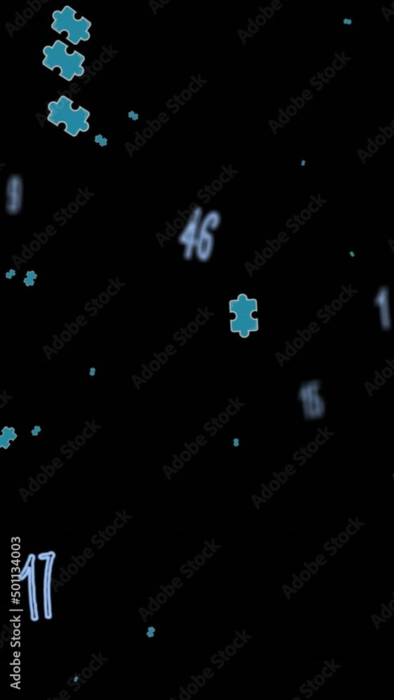 Poster animation of blue puzzles and numbers floating over black background