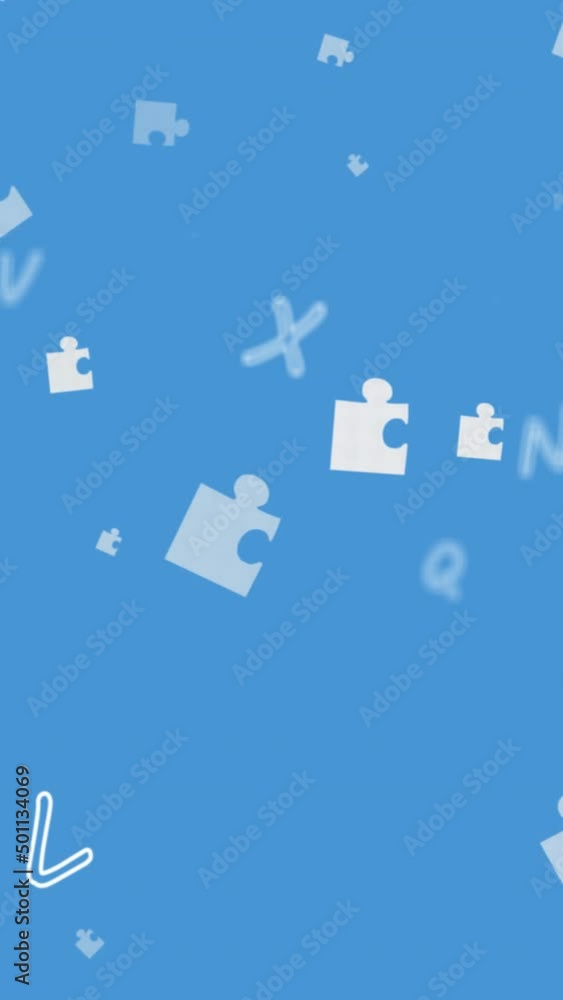 Poster animation of puzzles and letters floating on blue background
