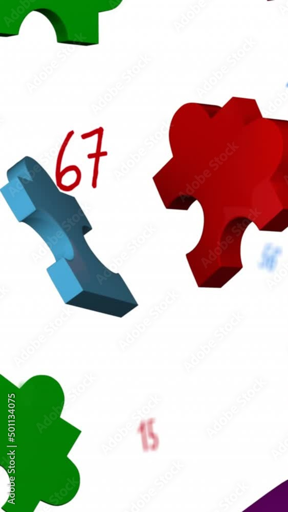 Poster animation of puzzle pieces falling and numbers over white background