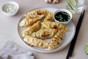 Fried dumplings with soy sauce. Gyoza. Healthy eating. Asian food.
