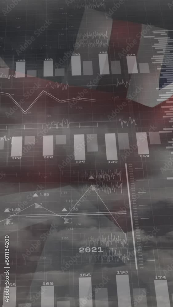 Poster animation of data processing over clouds and flag of uk