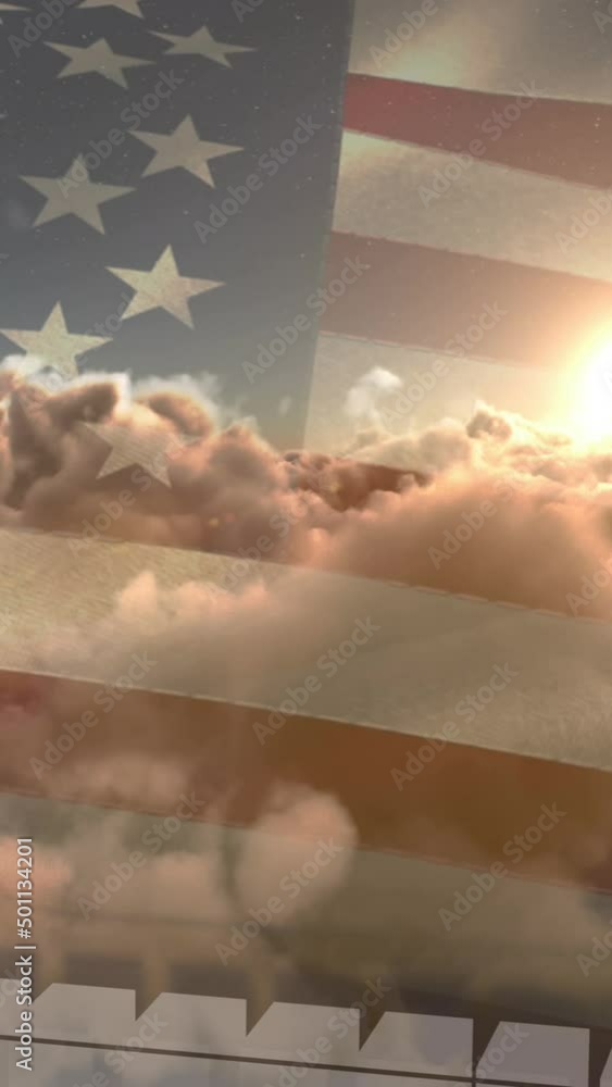 Poster animation of data processing over clouds and flag of america