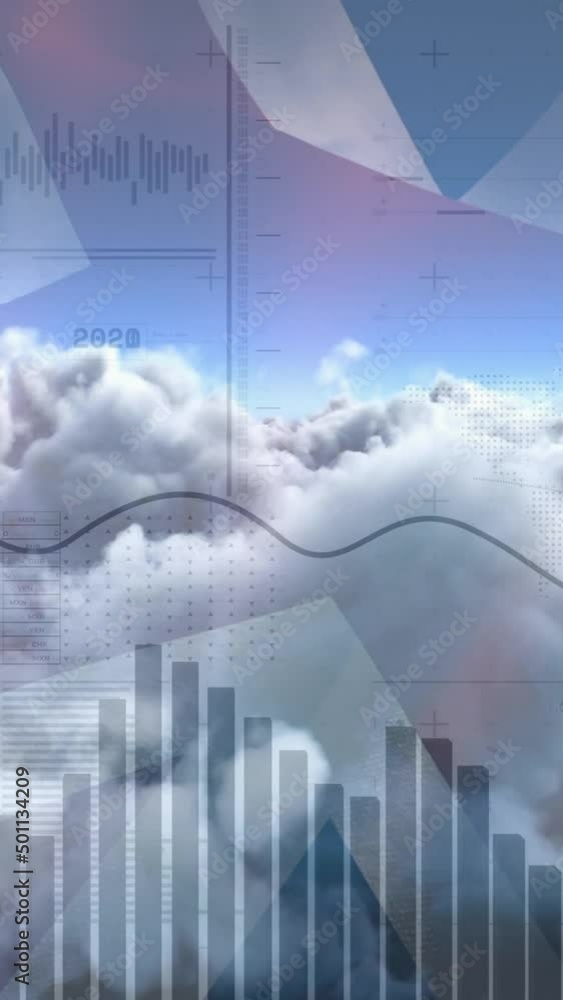 Poster animation of data processing over clouds and flag of uk