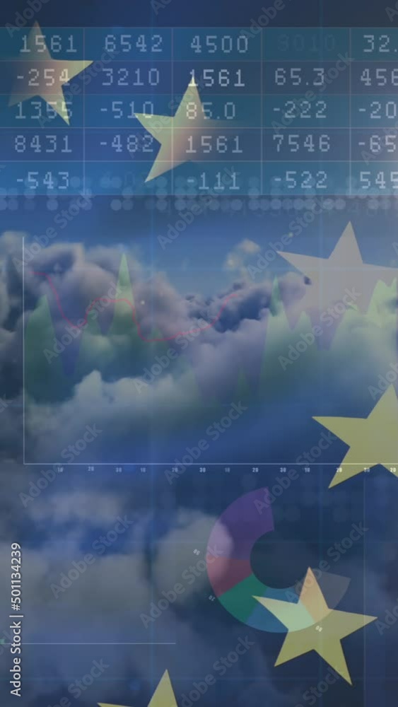 Poster animation of data processing over clouds and flag of eu