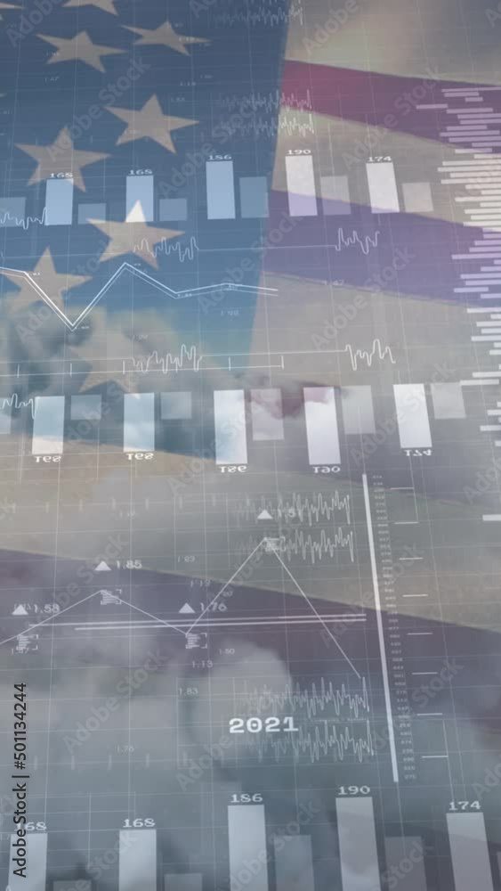 Poster animation of data processing over clouds and flag of america