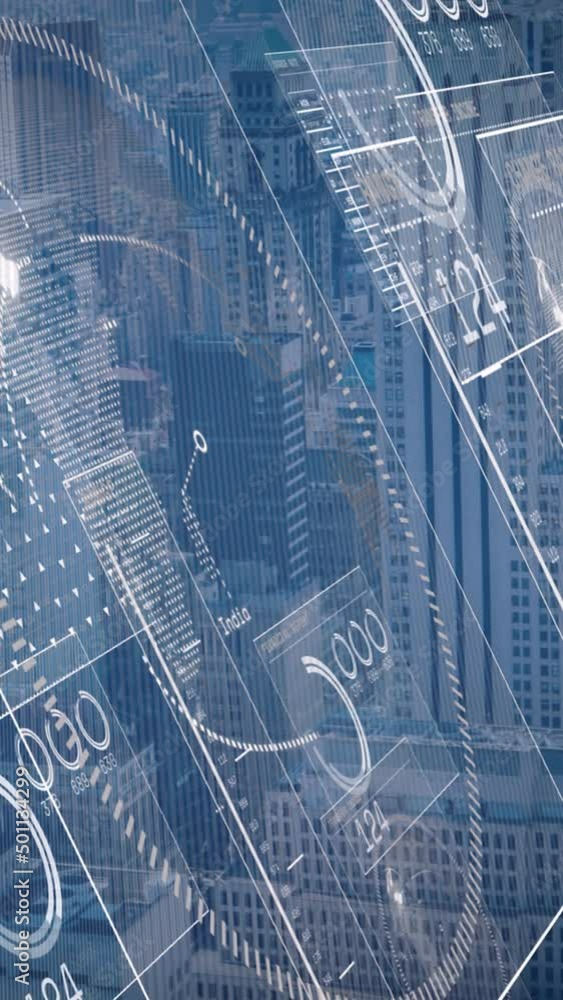Poster animation of data processing over cityscape
