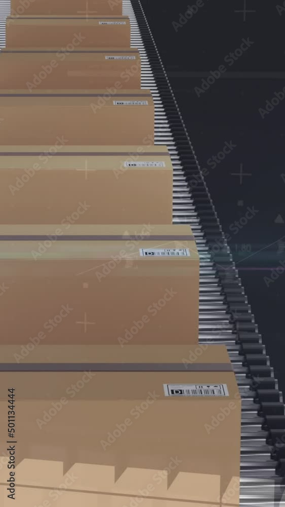 Poster animation of statistics processing over cardboard boxes on conveyor belt on black background