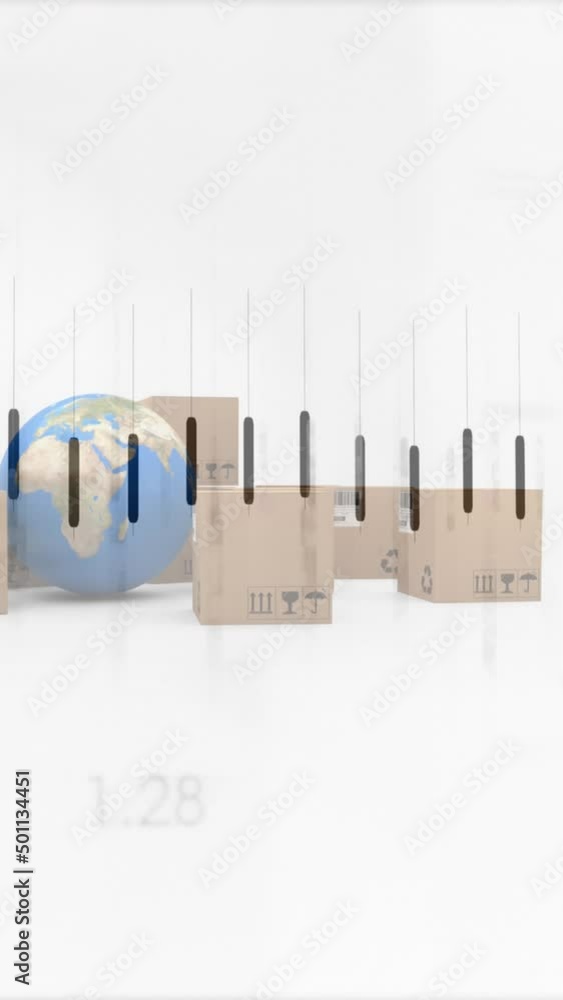 Poster animation of statistics processing over globe and cardboard boxes on white background