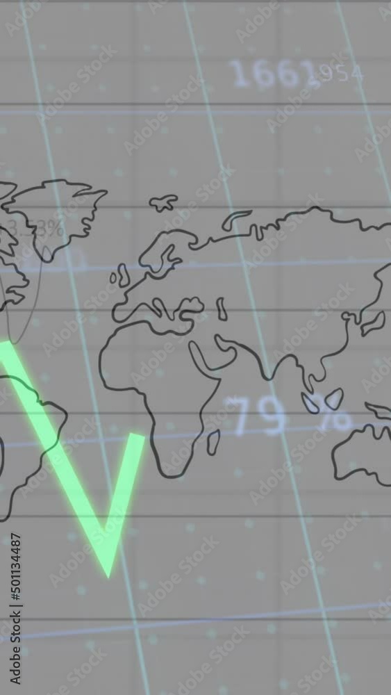 Poster animation of statistics processing with lines over world map with grid on grey background