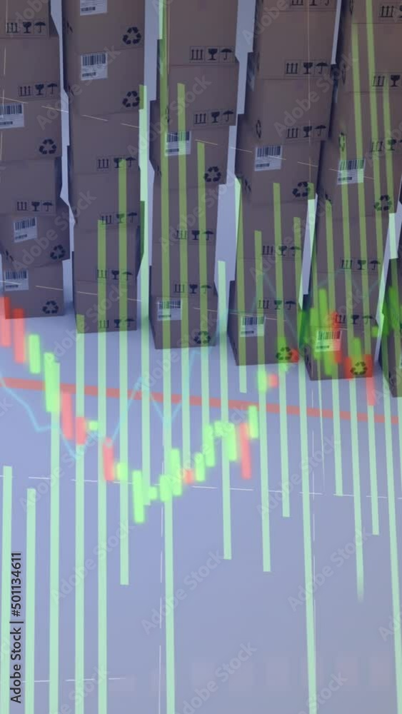 Poster animation of statistics processing over cardboard boxes on white background