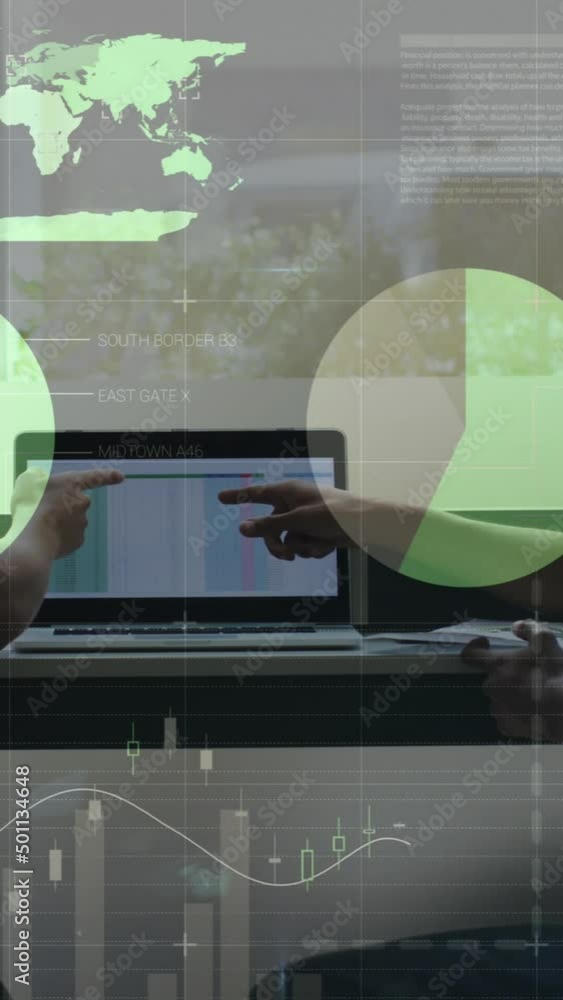 Poster animation of data processing over diverse business people using laptop