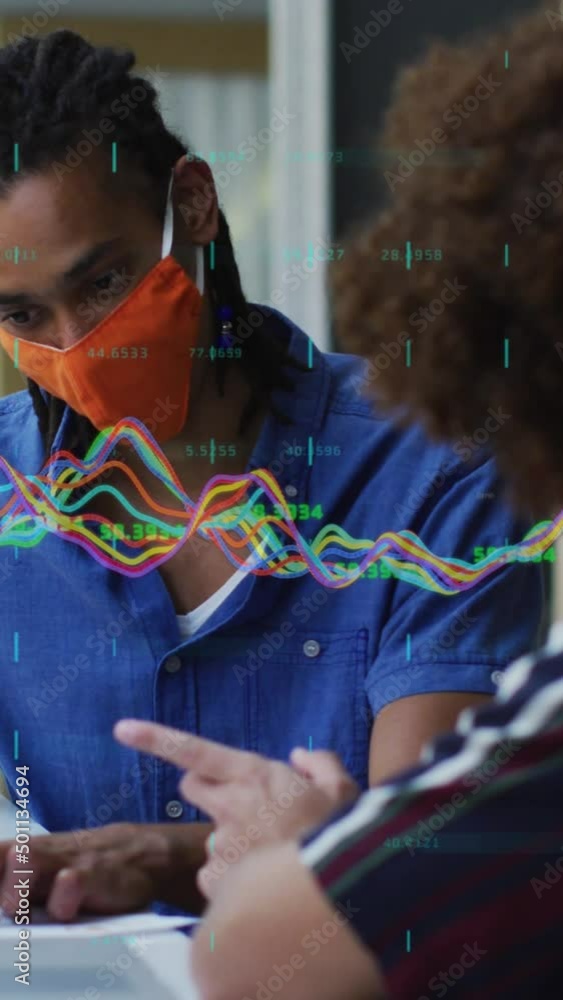 Poster animation of data processing over diverse business people with face masks using laptops