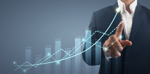 Hand touching  graphs of financial indicator market analysis chart
