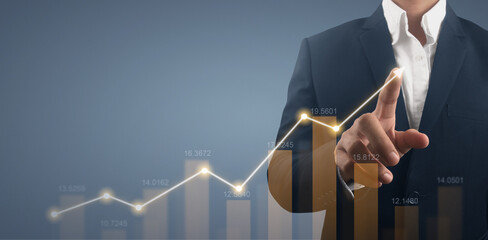 Hand touching  graphs of financial indicator market analysis chart