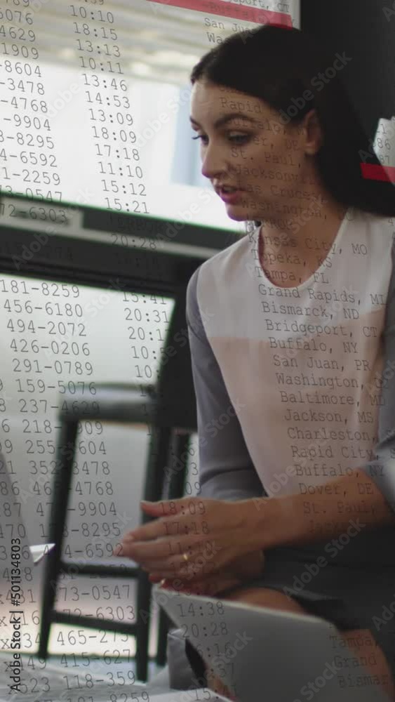 Poster animation of data processing over diverse business people using laptop