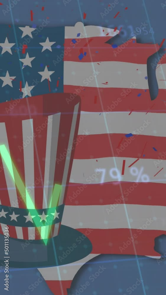 Poster animation of american flag, hat and map with lines and statistics processing