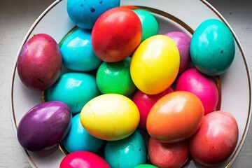 painted multi-colored chicken eggs in a wide white plate as a symbol of the holiday of Catholic believers
