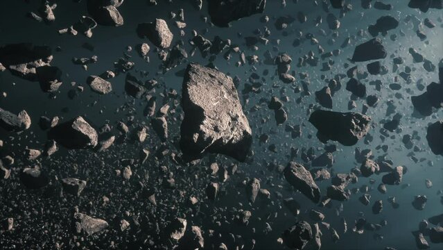 3d Render animation of an Asteroids field in deep blue space, Orbit camera Shot