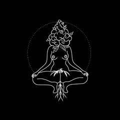 illustration of abstract woman figure silhouette with cannabis head on black background