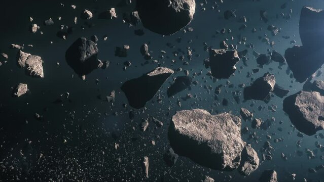 3d Render animation of an Asteroids field in deep blue space, slow panoramic cinematic linear shot