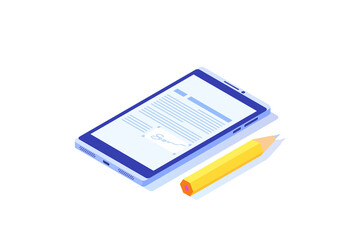 Digital signature isometric, Electronic Smart contract. Vector illustration