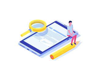 Digital signature isometric, Electronic Smart contract. Vector illustration