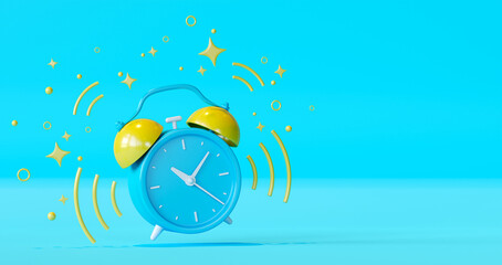 Blue ringing alarm clock with yellow stars on blue background. Retro design - obrazy, fototapety, plakaty