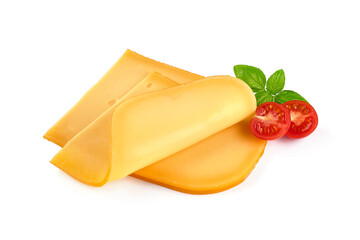 Traditional Gouda cheese, isolated on white background.