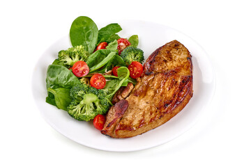 Roasted bbq steak with vegetable salad, isolated on white background.