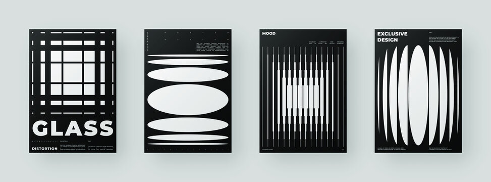 Abstract Posters Design kit. Vertical A4 format. Modern placard collection. Refraction and Distortion Glass Effect. Minimal vector illustration.