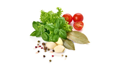 Basil leaf with bay leaf and garlic, fresh condiments, isolated on white background.