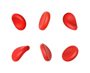 3d render red blood cells iron isolated. Set flow diferent erythrocytes shapes on white background. Realistic medical vector illustration. - obrazy, fototapety, plakaty