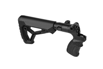 Modern plastic folding buttstock with a weapon handle. Replaceable part of the gun. Isolate on a...