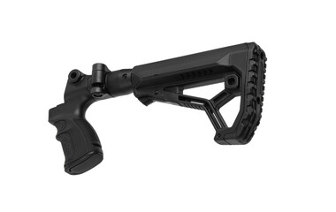 Modern plastic folding buttstock with a weapon handle. Replaceable part of the gun. Isolate on a...