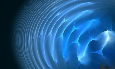 Fototapeta na wymiar Abstract digital 3d surface of water or other blue fluid substance with shiny flares, ripples, light caustics and refractions. Textured element fading in abyss of deep dark space. Great for design.