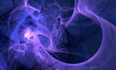 Elegant emotional digital 3d illustration of astral substances with purple smoke, light and curvy waves. Luminous source of cosmic abyss. Great as background, cover print for design decoration.
