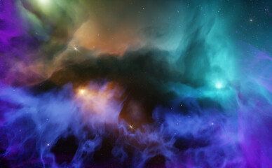 Nebula in outer space, planets and galaxy