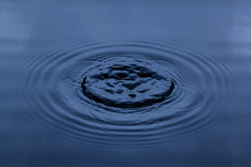 Splash and circle of water on a blue background. Reflection on the surface of the water.