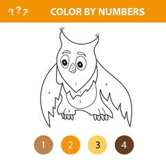 Color by number worksheet for kids learning numbers by coloring. Owl on white. Simple vector