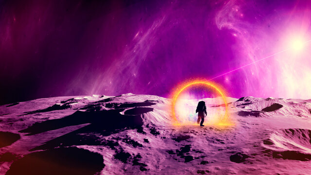 Travel in space time. Time traveler enters a portal that unites two worlds. Futuristic landscape of another planet. Sci-fi. New worlds and colonization of other planets. Astronaut. 3d rendering