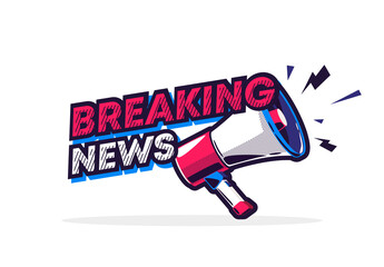 vector illustration text breaking news with a loudspeaker, megaphone in the form of a sticker for the breaking news icon