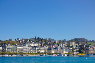 Fototapeta premium morning sun in the city center of Lucerne with the famous Chapel Bridge and lake Lucerne, Canton of Lucerne, Switzerland
