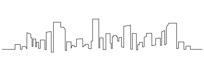 Fototapeta Modern cityscape continuous one line vector drawing. Metropolis architecture panoramic landscape. New York skyscrapers hand drawn silhouette. Apartment buildings isolated minimalistic illustration obraz