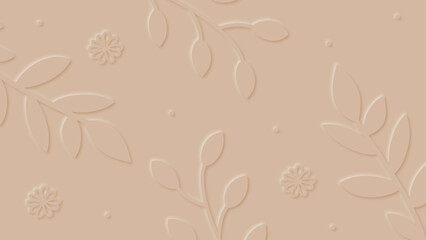 Simple beige background with different branches, leaves and flowers.